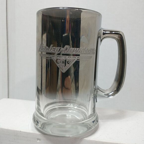 Harley Davidson NEW YORK Café Etched Mirrored Silver Fade Chrome Beer Stein Mug - Picture 1 of 4